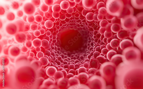 Intricate close-up of red blood cells creating a vibrant, flowing appearance, showcasing the beauty of human biology. photo