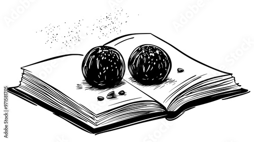 Classic truffle beside an open recipe book, emphasizing a homemade theme, vector illustration art