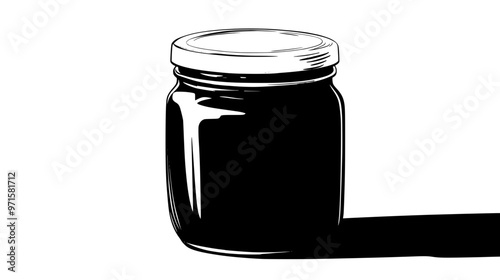 Clear glass jar filled with dark chocolate sauce, sitting on a kitchen counter, vector illustration art
