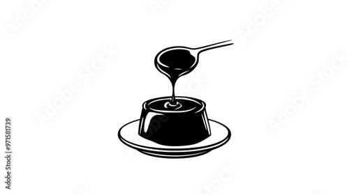 A clear glass jar of caramel sauce, held above a dessert to show pouring, vector illustration art