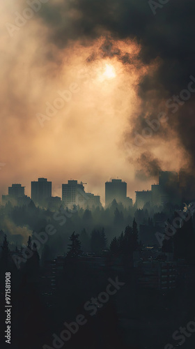 A city skyline with smoke and ash after wildfire creates dramatic scene