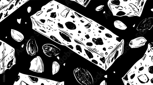 Close-up of hard nougat showing firm, crumbly consistency with embedded nut fragments, vector illustration art