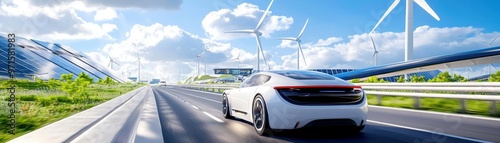 A futuristic highway running through wind and solar farms, with electric vehicles moving in harmony with nature, renewable energy highway, sustainable EV transport