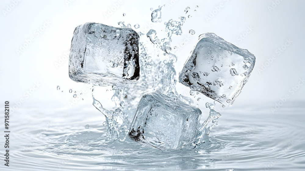 Ice cubes splashing into water, creating dynamic motion and refreshing imagery. Ice cubes splashing into water, creating dynamic motion and refreshing imagery.
