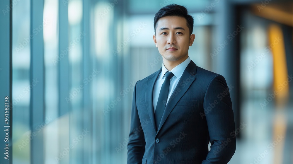 confident asian businessman in a sharp suit standing tall against a sleek modern office backdrop his posture and expression convey leadership and success confident asian businessman in a sharp suit standing tall against a sleek modern office backdrop his posture and expression convey leadership and success