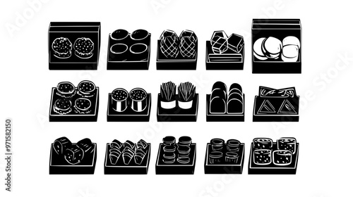 Compact collection of favors in neat rows within a clear plastic box, vector illustration art