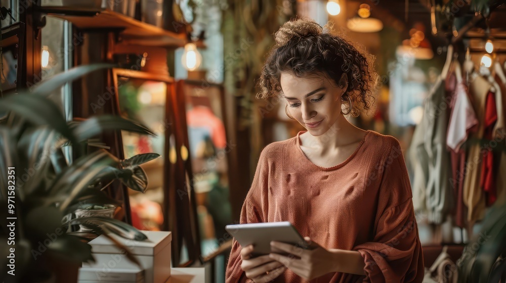 confident female boutique owner using tablet surrounded by stylish clothing displays warm lighting accentuating curated fashion collection confident female boutique owner using tablet surrounded by stylish clothing displays warm lighting accentuating curated fashion collection