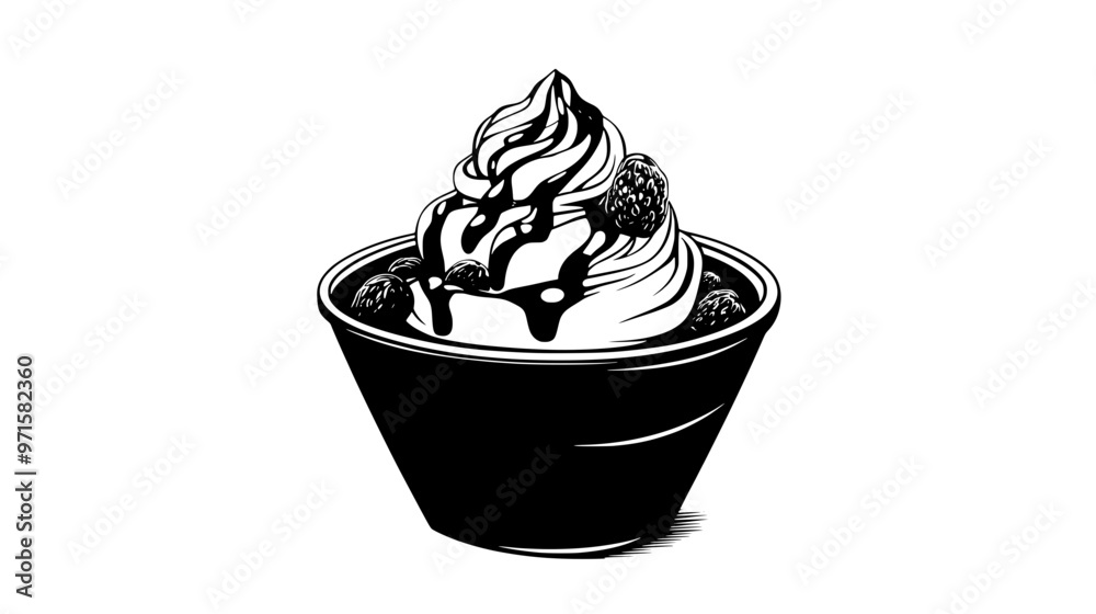 Frozen yogurt in a cup topped with assorted nuts and a drizzle of fruit sauce, vector illustration art Frozen yogurt in a cup topped with assorted nuts and a drizzle of fruit sauce, vector illustration art