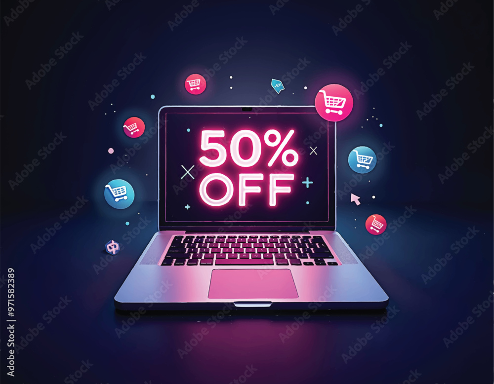 a laptop screen that has the words 50 percent off on it with shopping cart icons and mouse cursors a laptop screen that has the words 50 percent off on it with shopping cart icons and mouse cursors