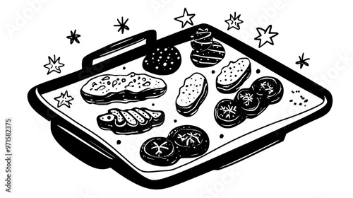 Cookies laid out on a kitchen counter, awaiting decoration and packaging for gifts, vector illustration art