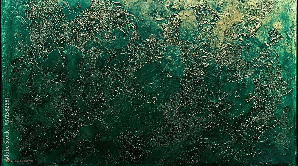   Close-up photo of a green painting adorned with water droplets at the base