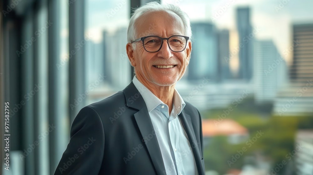 confident senior businessman in modern office warm smile professional attire city skyline backdrop