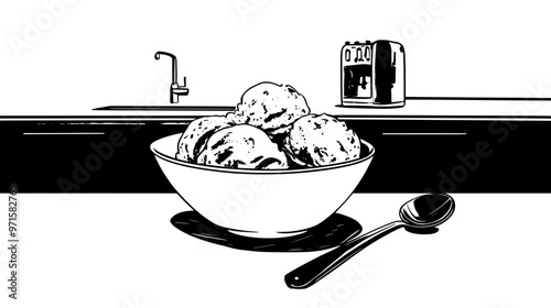Dish of dairy-free ice cream displayed on a clean kitchen counter with a spoon beside it, vector illustration art