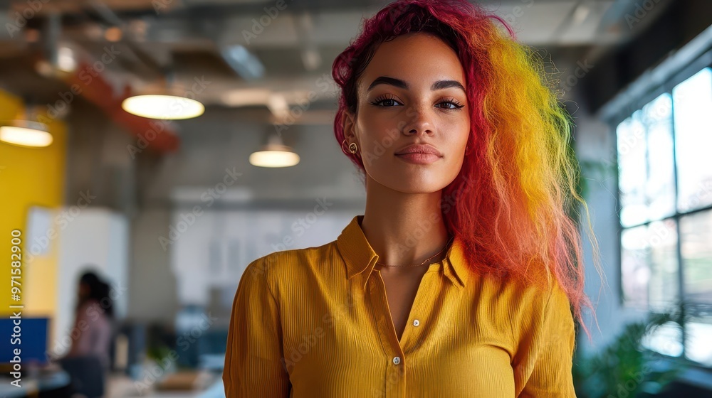confident young woman with vibrant multicolored hair stands tall in a sleek modern office her bold style contrasts with the minimalist surroundings embodying creativity in the workplace confident young woman with vibrant multicolored hair stands tall in a sleek modern office her bold style contrasts with the minimalist surroundings embodying creativity in the workplace