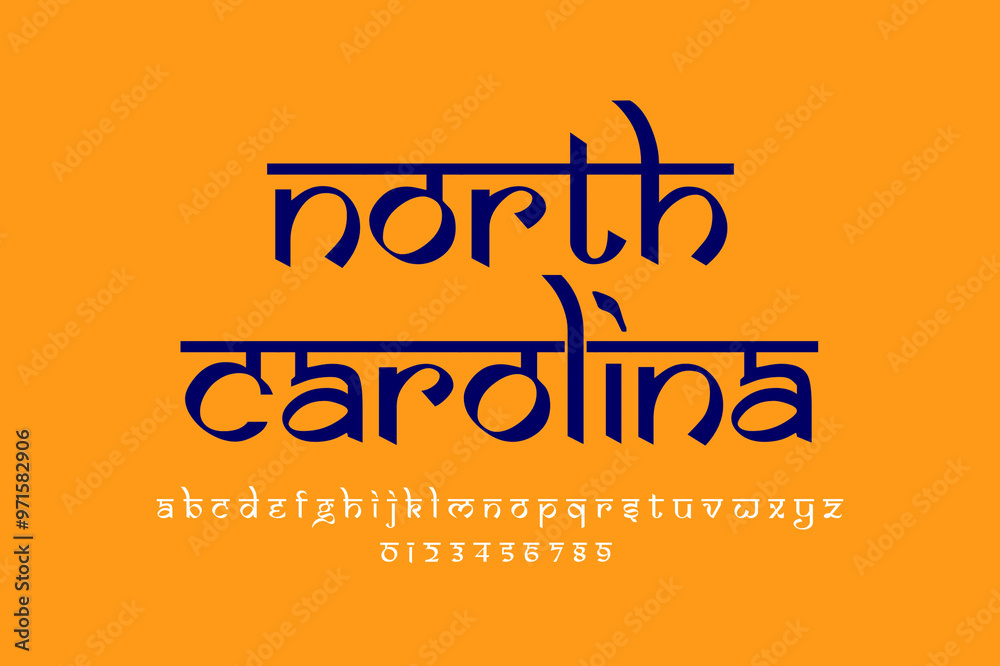USA state North Carolina text design. Indian style Latin font design, Devanagari inspired alphabet, letters and numbers, illustration. USA state North Carolina text design. Indian style Latin font design, Devanagari inspired alphabet, letters and numbers, illustration.
