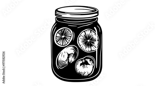 A glass jar filled with fruit compote, showcasing visible fruit chunks and syrup, vector illustration art