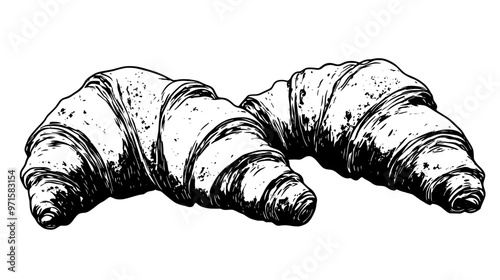 Group of three croissants, each positioned at a slight angle on a flat surface, vector illustration art