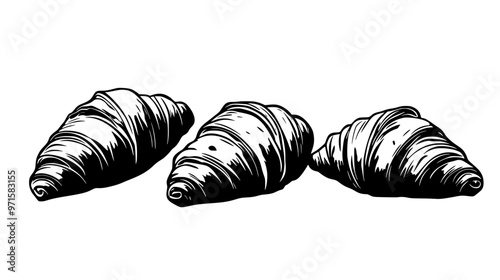 Group of three croissants, each positioned at a slight angle on a flat surface, vector illustration art