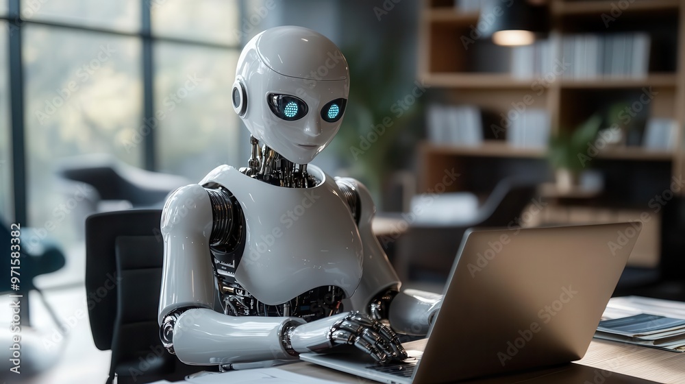 charming humanoid robot with expressive features working intently on sleek laptop futuristic office setting blending tech and whimsy charming humanoid robot with expressive features working intently on sleek laptop futuristic office setting blending tech and whimsy