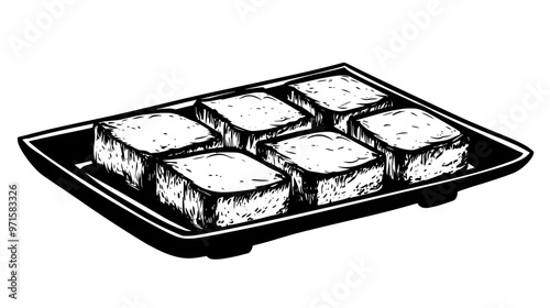 Kunafa slices displayed in a uniform line on a rectangular serving plate, vector illustration art