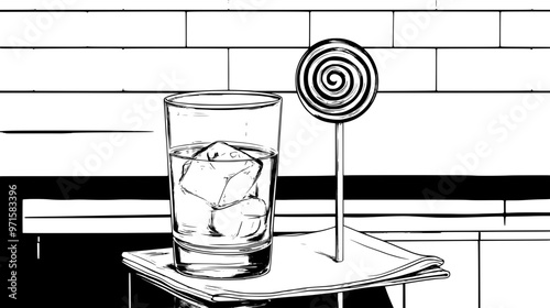 Lollipop on a napkin beside a glass of water on a kitchen counter, vector illustration art