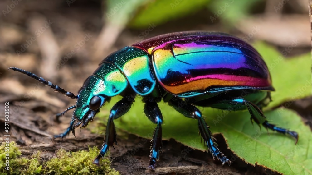A vibrant, iridescent beetle showcasing its colorful exoskeleton in a natural setting. A vibrant, iridescent beetle showcasing its colorful exoskeleton in a natural setting.