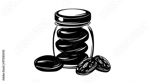 Nut-based sweets stacked in a glass jar with pieces beside it, vector illustration art