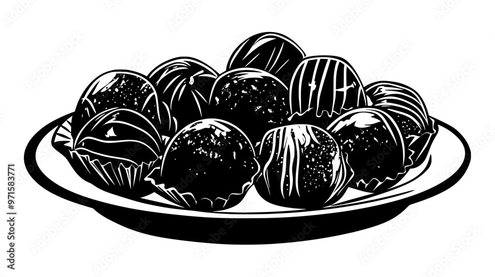 Plate of filled truffles with various fillings, including fruit and liqueur, vector illustration art Plate of filled truffles with various fillings, including fruit and liqueur, vector illustration art
