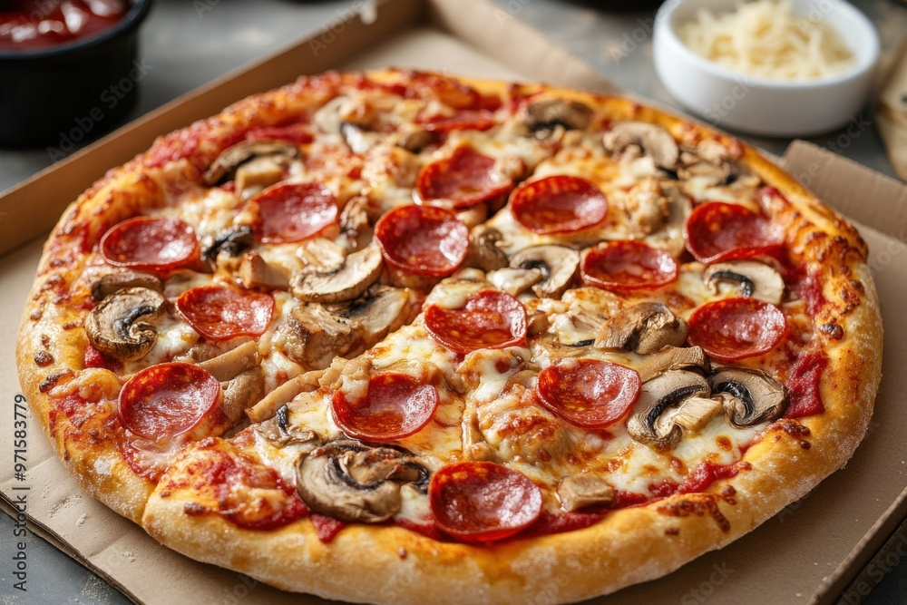High quality Supreme Pizza with pepperoni, mushrooms and mozzarella cheese just from oven, copy space. Fresh homemade pizza. High quality Supreme Pizza with pepperoni, mushrooms and mozzarella cheese just from oven, copy space. Fresh homemade pizza.