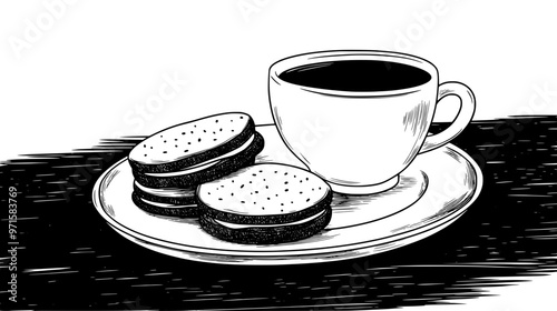 Plate with sandwich cookies and a teacup on a wooden table, vector illustration art