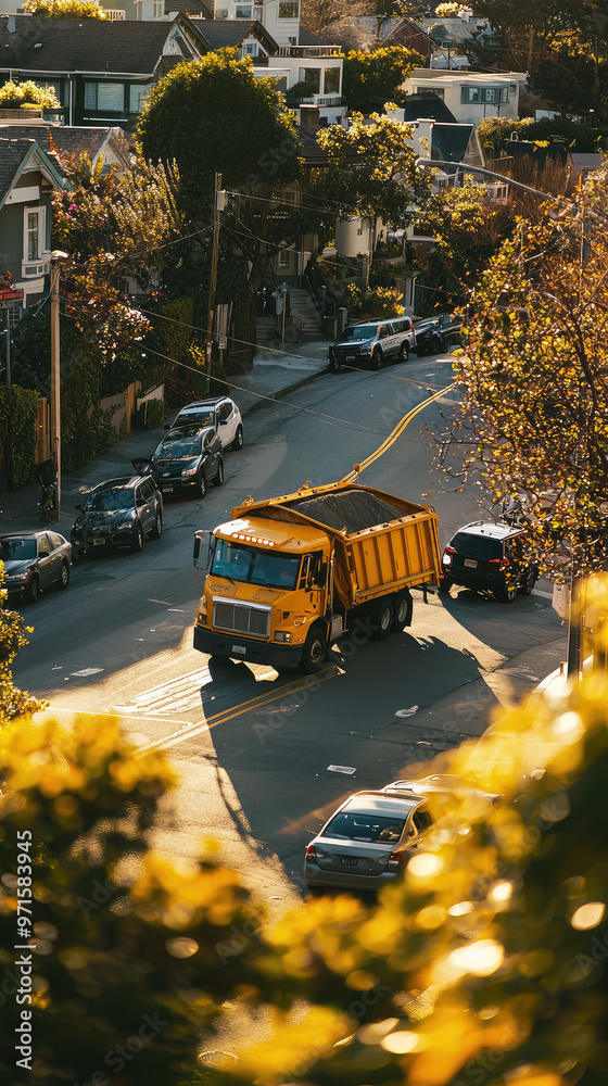 Obraz premium A garbage truck navigating tight corner in busy residential area