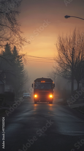A garbage truck navigating quiet, foggy suburban street at dawn