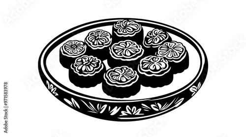 A round serving dish filled with mooncakes evenly spaced around the edge, vector illustration art