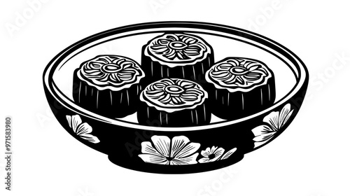 A round serving dish filled with mooncakes evenly spaced around the edge, vector illustration art