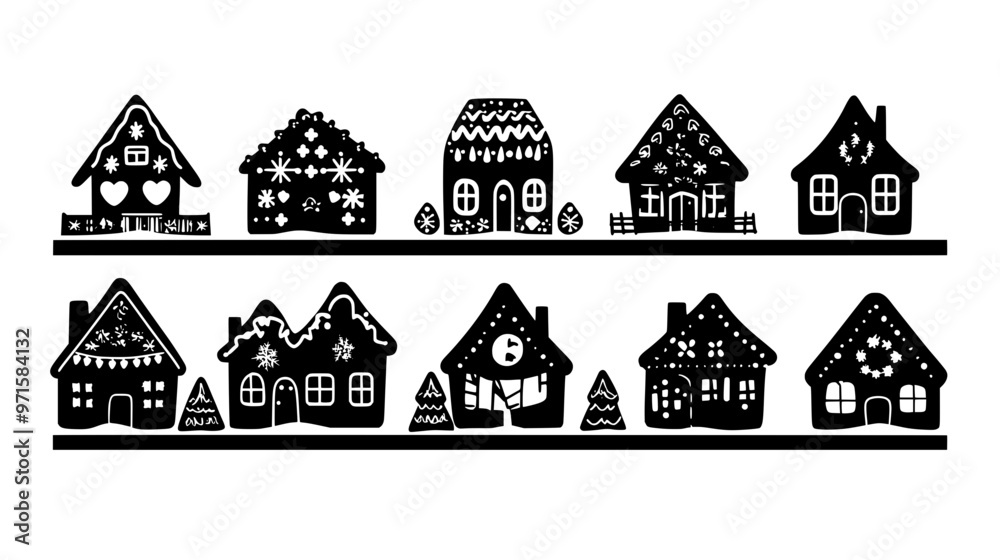 Rows of gingerbread houses displayed on a shelf for a seasonal showcase, vector illustration art Rows of gingerbread houses displayed on a shelf for a seasonal showcase, vector illustration art