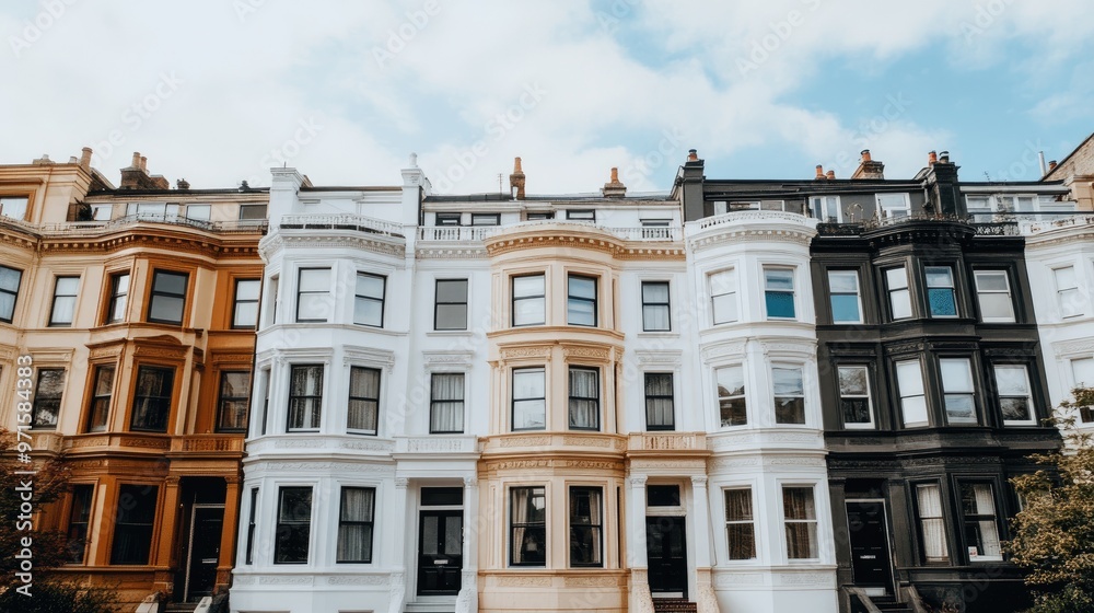 Obraz premium A vibrant row of Victorian townhouses showcases a mix of red, brown, and blue facades against a bright blue sky, highlighting unique architectural details