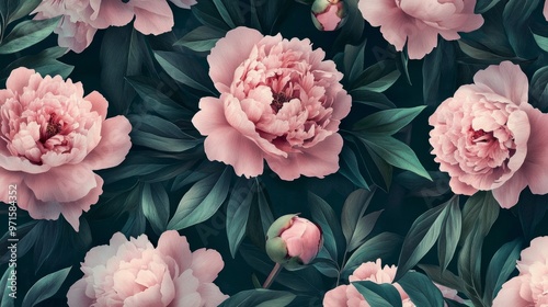 Floral pattern with pink peonies and dusty green leaves generative ai