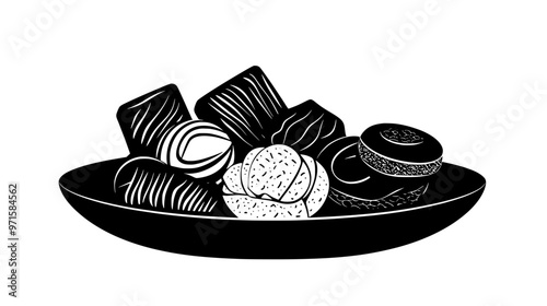 Shallow dish with assorted nut-based sweets arranged neatly on the table, vector illustration art