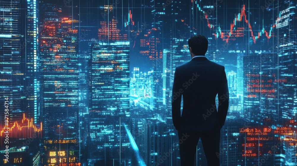 A businessman stands in front of a futuristic cityscape with glowing lines and charts. A businessman stands in front of a futuristic cityscape with glowing lines and charts.