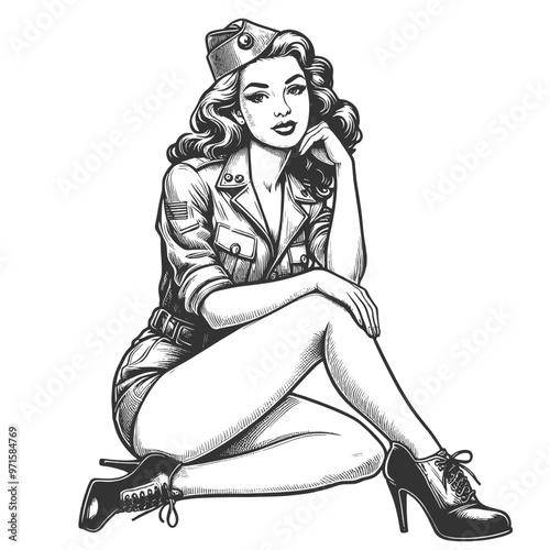 pin-up girl sitting in military uniform, classic pin-up art with military fashion sketch engraving generative ai fictional character vector illustration. Scratch board imitation. Black and white image
