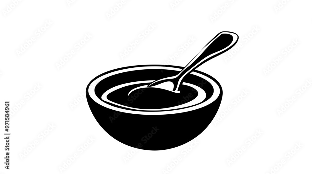 Small bowl of peanut butter with spoon inside, surface visible, vector illustration art Small bowl of peanut butter with spoon inside, surface visible, vector illustration art
