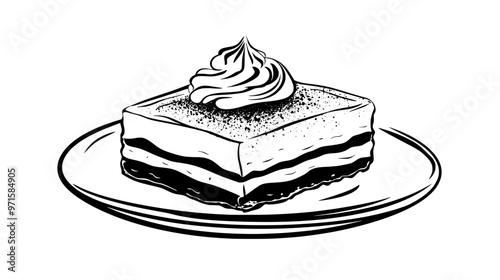 Single tiramisu portion resting on a plain surface, centered with no distractions, vector illustration art
