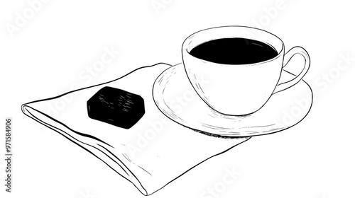 Single vegan gummy on napkin with cup of tea beside it, vector illustration art