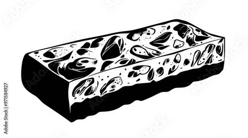 Slice of nougat revealing smooth, flexible texture with a generous amount of nuts, vector illustration art