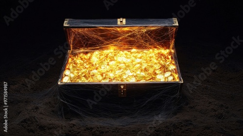 The Hollow Treasure Chest: A treasure chest that looks full of gold, but when opened, reveals only dust and cobwebs, symbolizing how scams often promise riches but deliver nothing photo