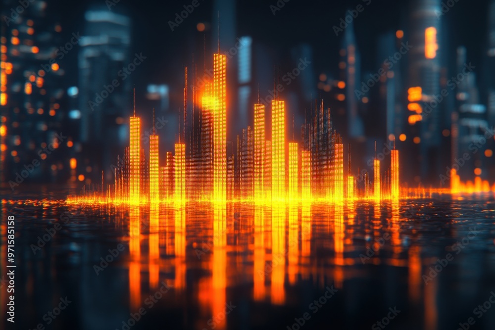 Abstract glowing big data forex candlestick chart on blurry city backdrop. Trade, technology, investment and analysis concept Abstract glowing big data forex candlestick chart on blurry city backdrop. Trade, technology, investment and analysis concept