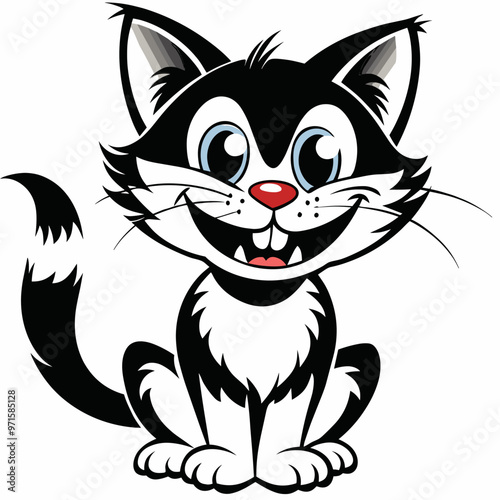 Happy cartoon cat with red nose, black and white vector illustration