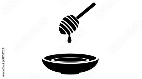 A small dish with honey drizzling from a honey dipper, placed on a plain surface, vector illustration art