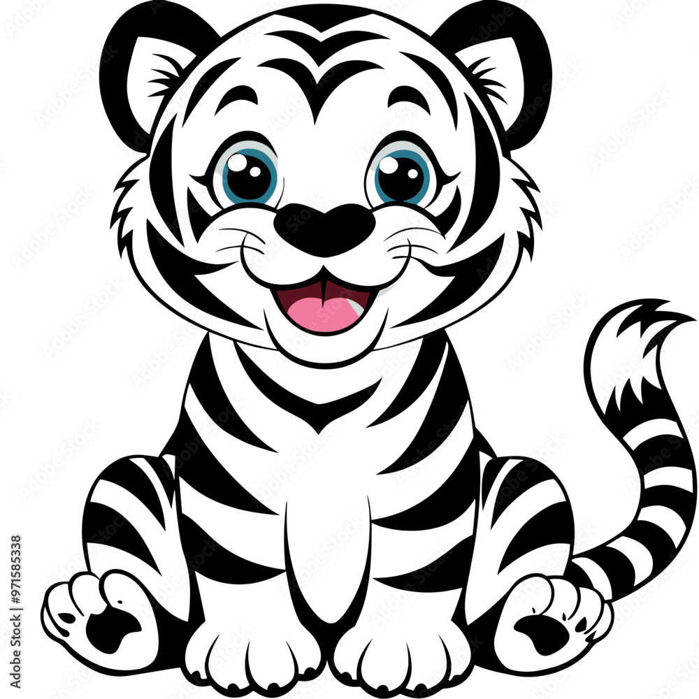 Smiling baby tiger cub, black and white vector illustration Smiling baby tiger cub, black and white vector illustration