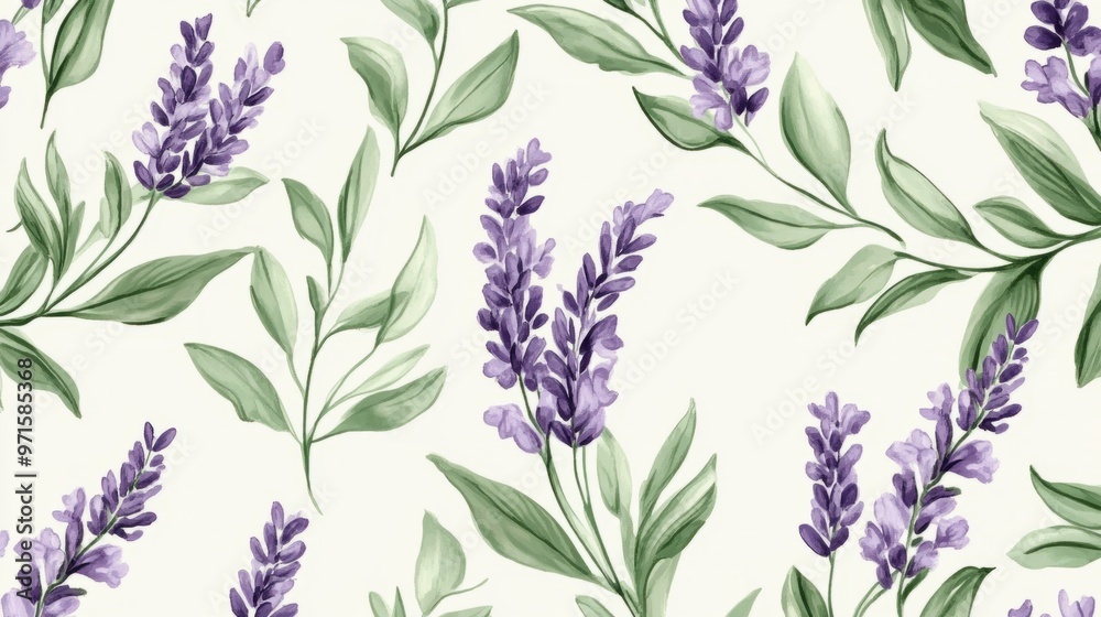 Floral pattern with purple lavender and soft green leaves generative ai Floral pattern with purple lavender and soft green leaves generative ai